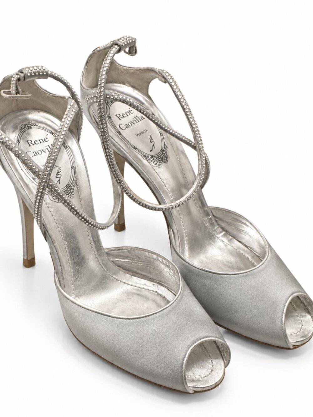 René Caovilla Silver Satin Crystal Embellished Peep Toe Heels EU 38.5